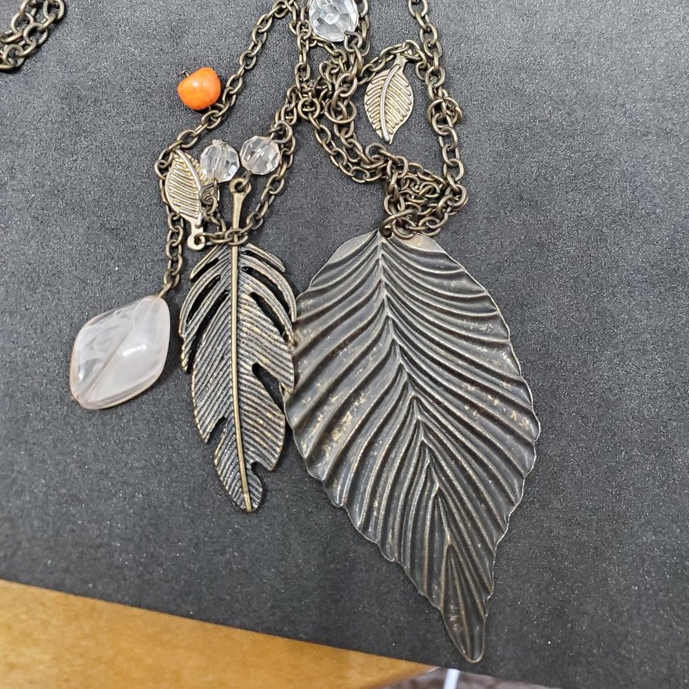 Bronze Tone Feather and Leaf Charm Necklace Drop